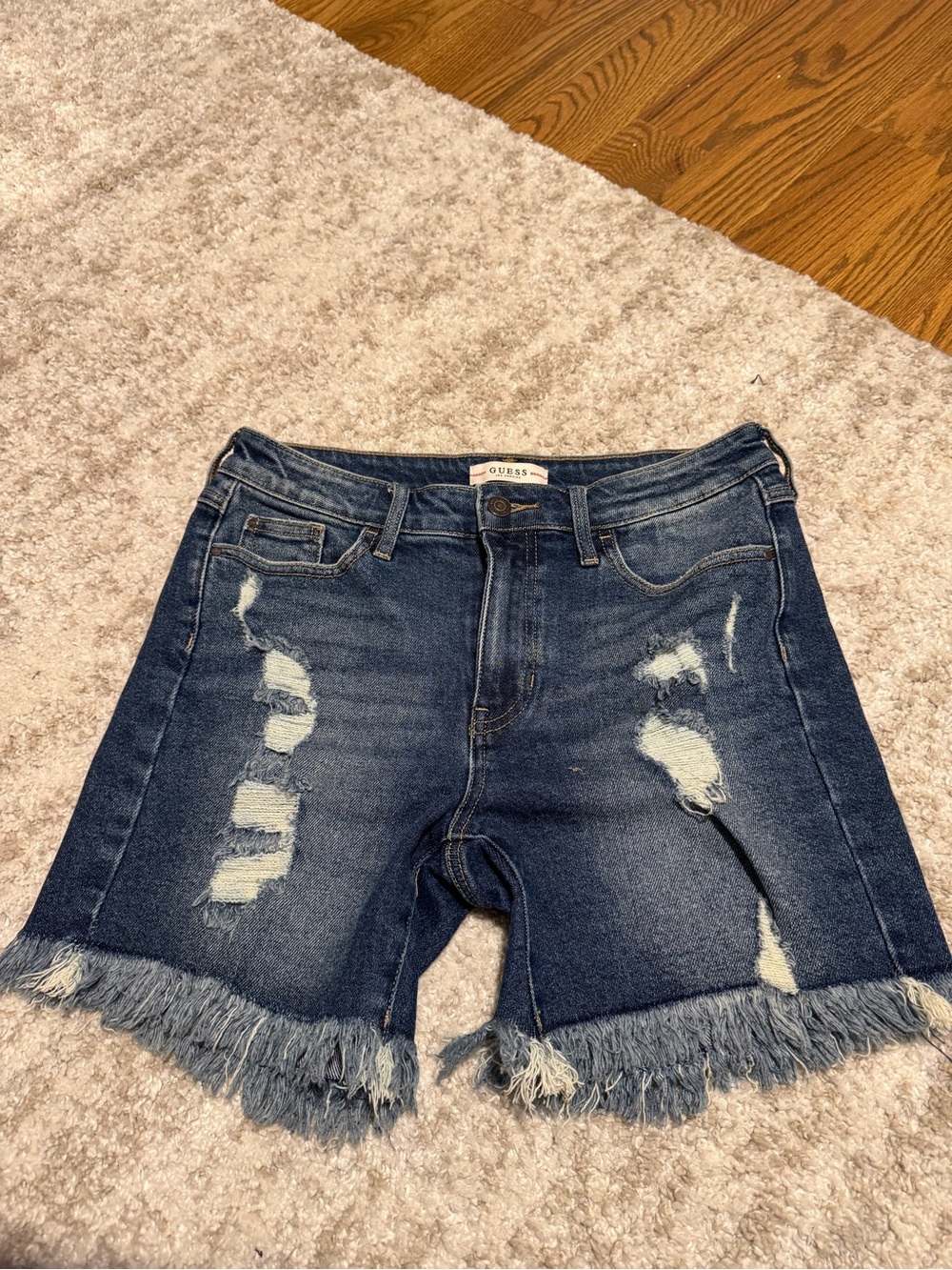 GUESS Distressed Dark Wash Denim Bermuda Shorts with Frayed Hem